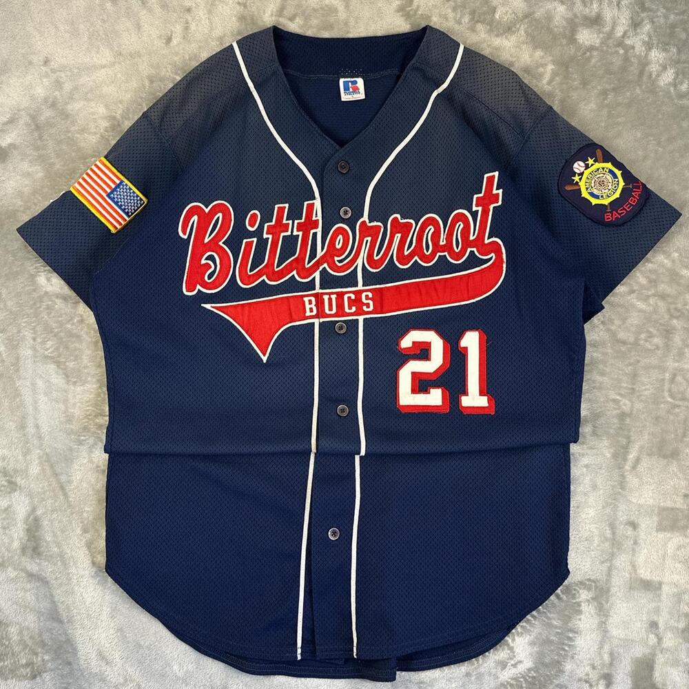 Russell Athletic Navy "Bitterroot Bucs" baseball jersey US flag patch N.21 L
